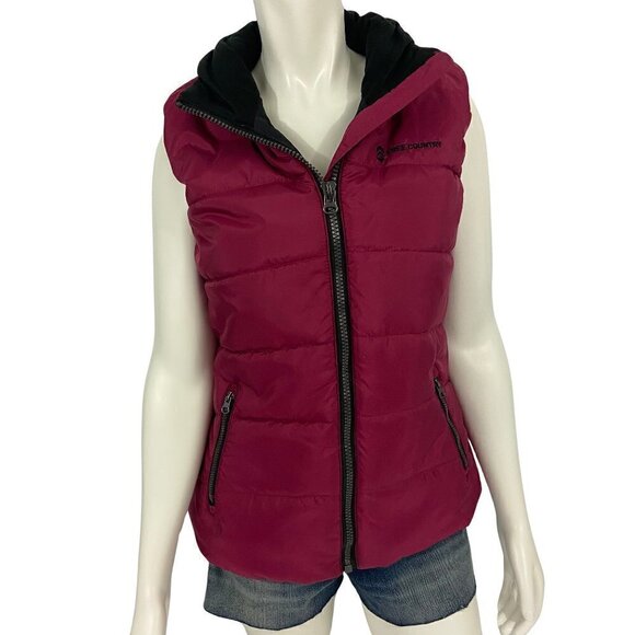 Free Country Puffer Vest Jacket Women's Sz M Full Zipper Pockets Burgundy Black - Picture 1 of 11